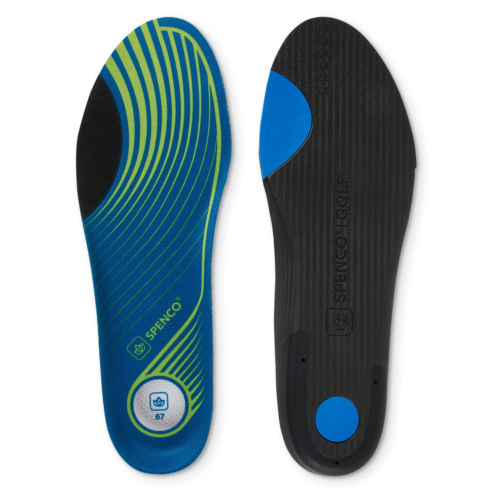 Insoles are displayed with one facing up and the other down in a plain environment.