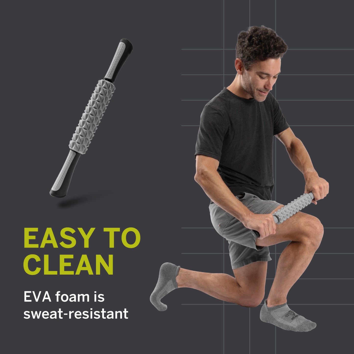 Man massages leg with textured roller in a room; text says Easy to Clean, highlighting EVA foam.