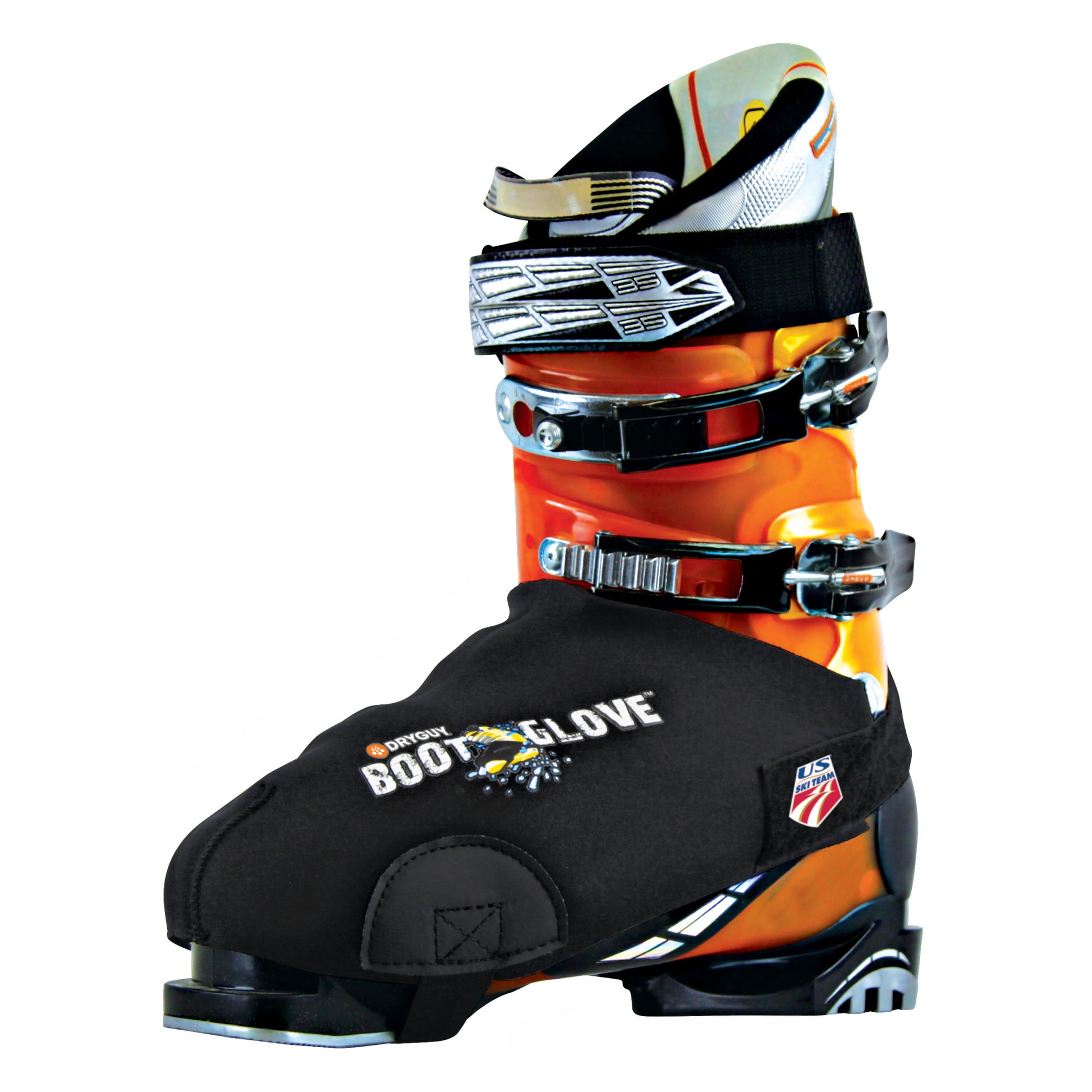 A ski boot equipped with multiple adjustable straps and a boot glove in white and black colors.