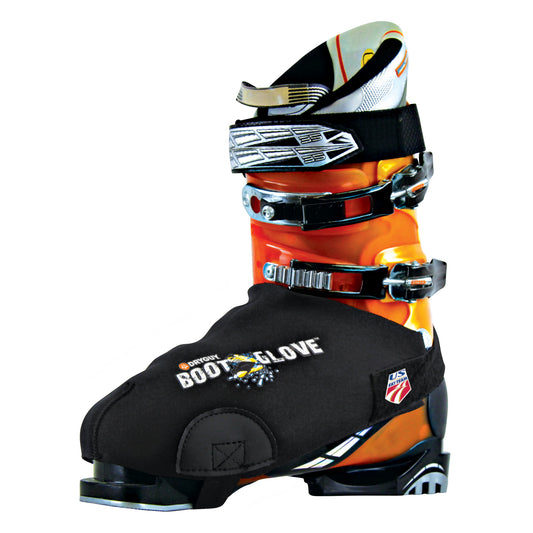 A ski boot equipped with multiple adjustable straps and a boot glove in white and black colors.
