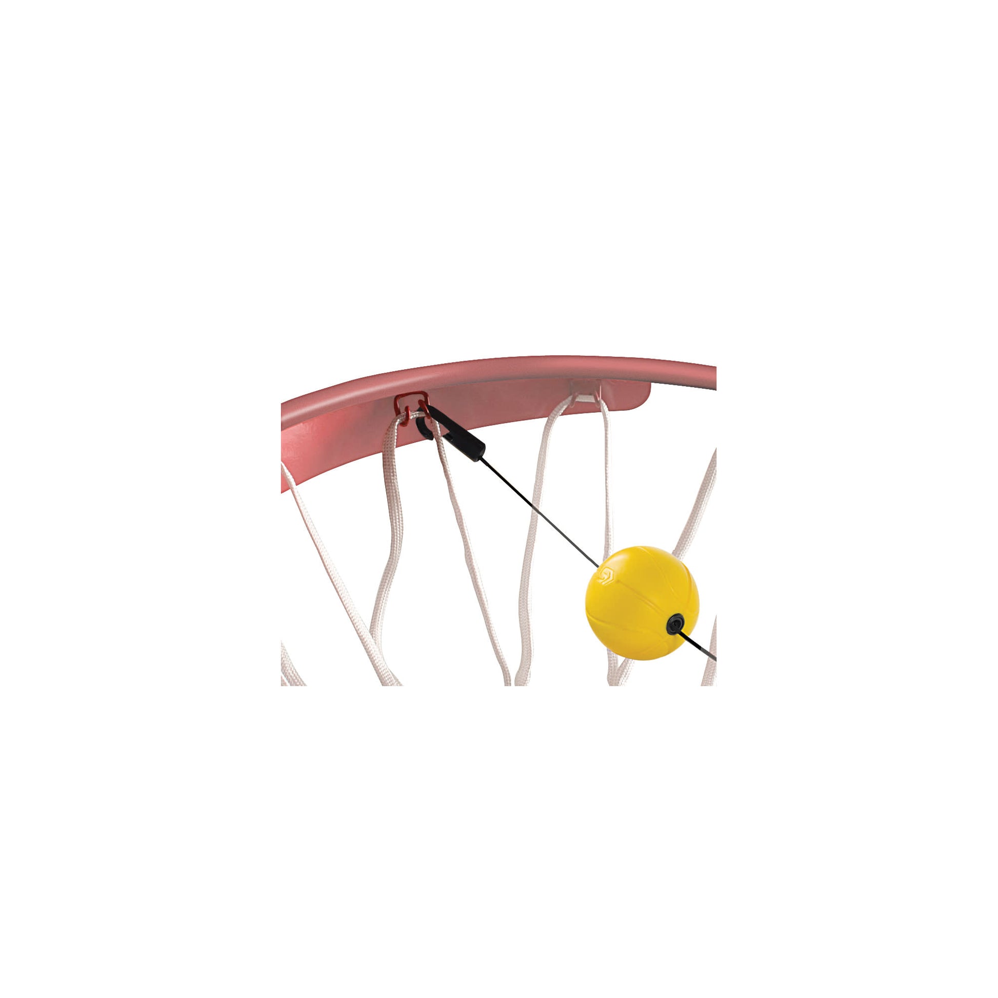 Close-up view of the SKLZ Basketball shooting target on basketball rim on a white background