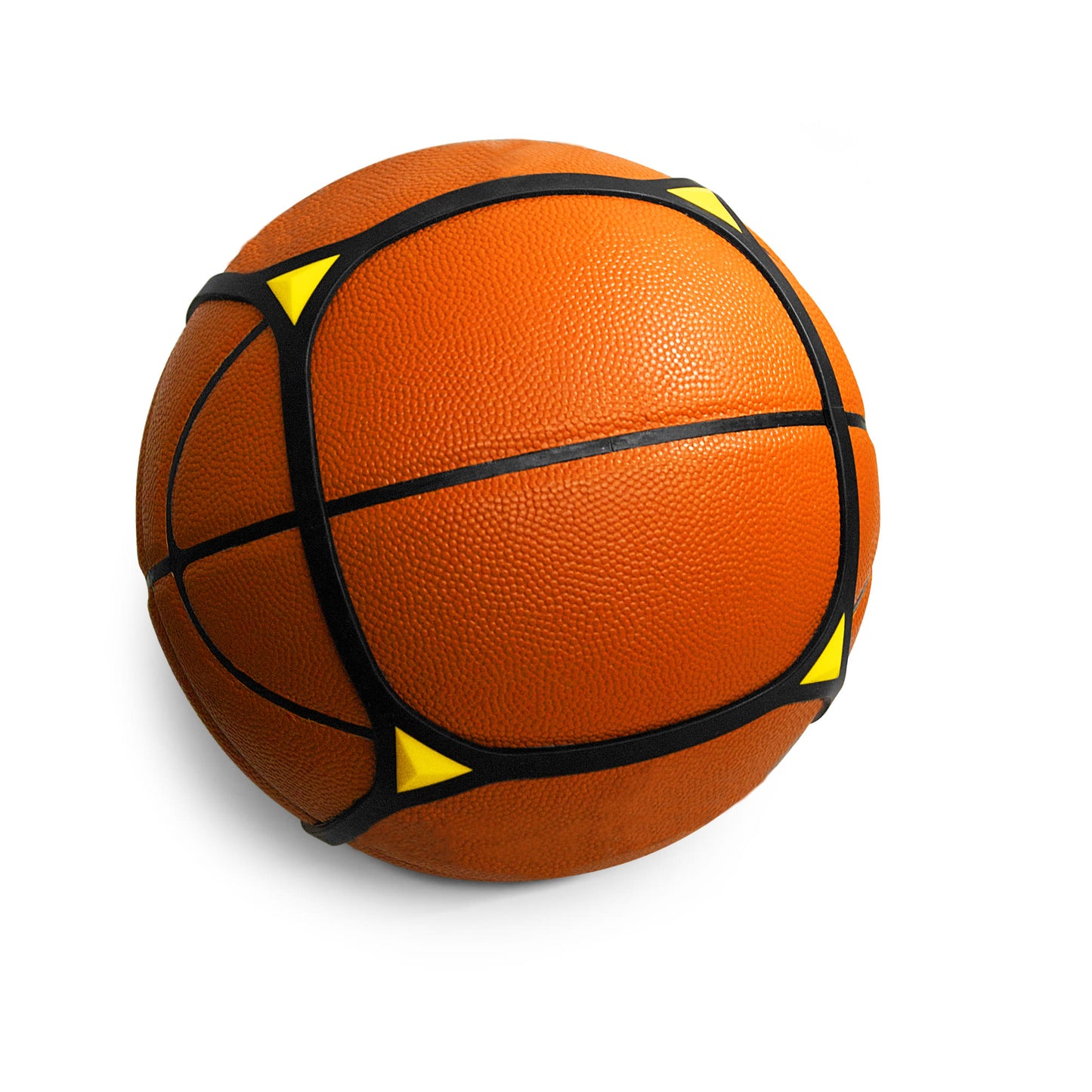 A basketball is wrapped with a black and yellow training belt in a sports environment