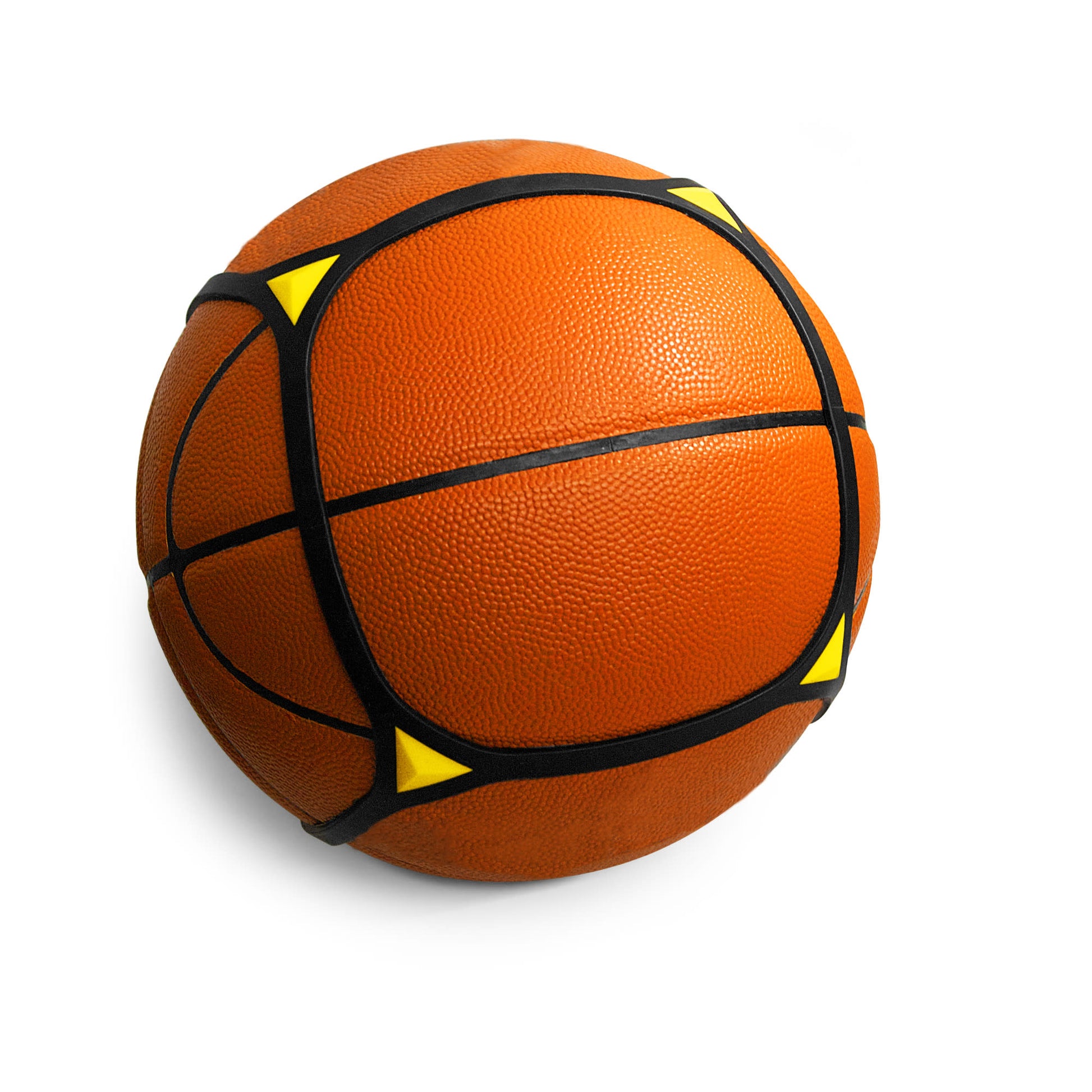 A basketball is wrapped with a black and yellow training belt in a sports environment