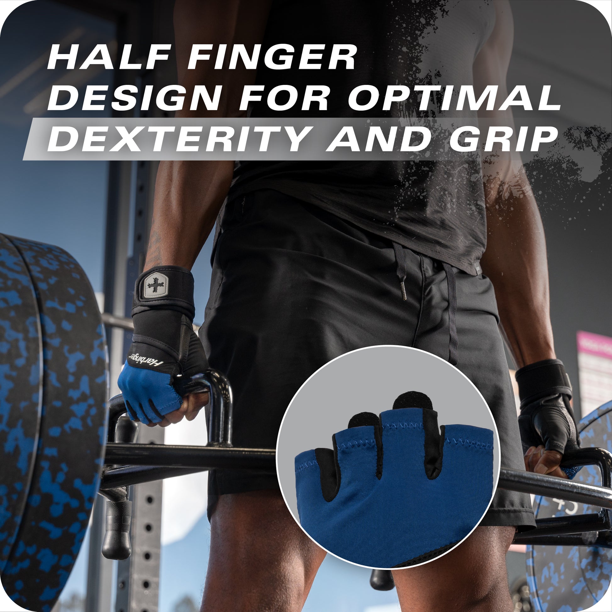 A person using a half finger gym glove to grip a barbell in a workout environment.