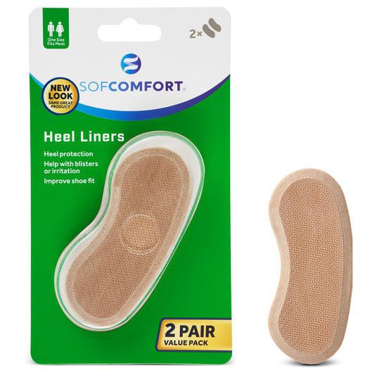 A beige heel liner is displayed outside its green and white packaging, designed to help with heel protection and fit.