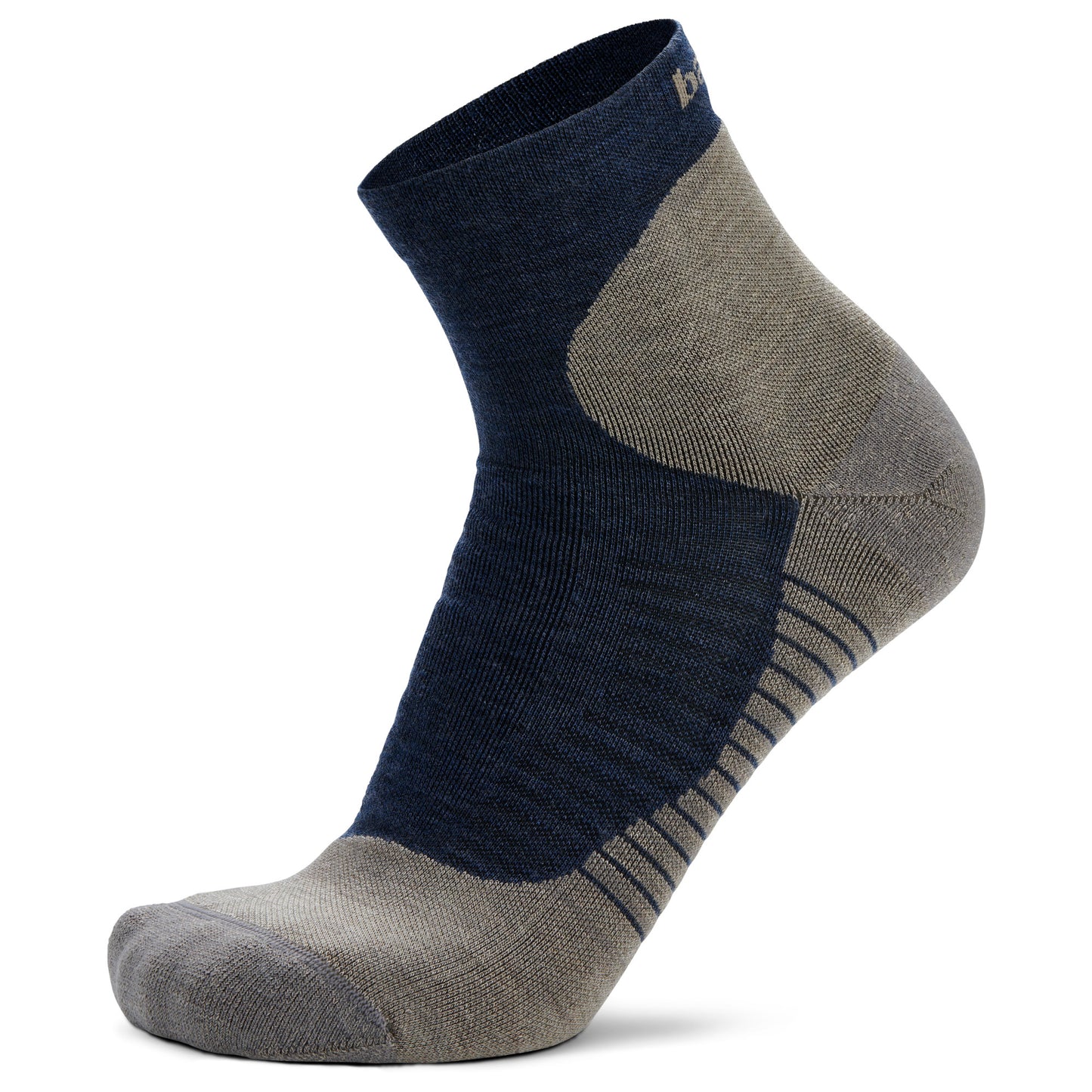 A single gray and dark blue sock standing upright on a white background.