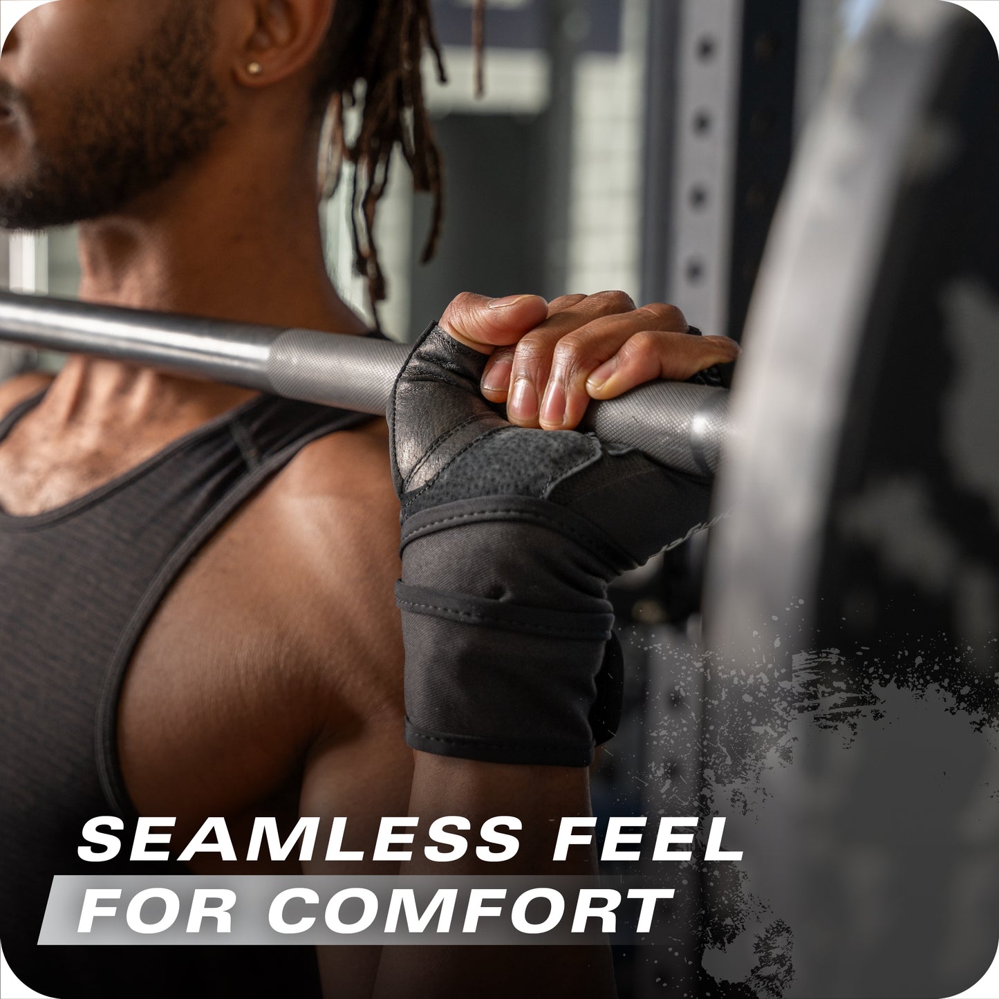 Person lifts a barbell on shoulders for squat exercise at gym, promoting comfort.