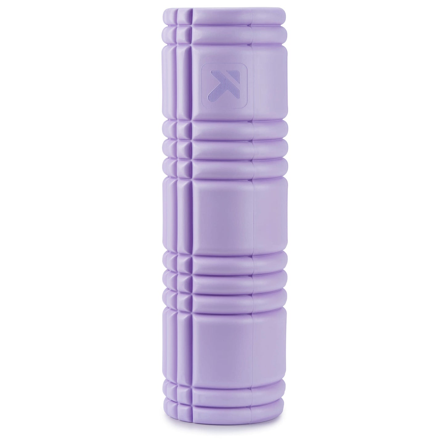 A purple foam roller is used for exercise on a white background.