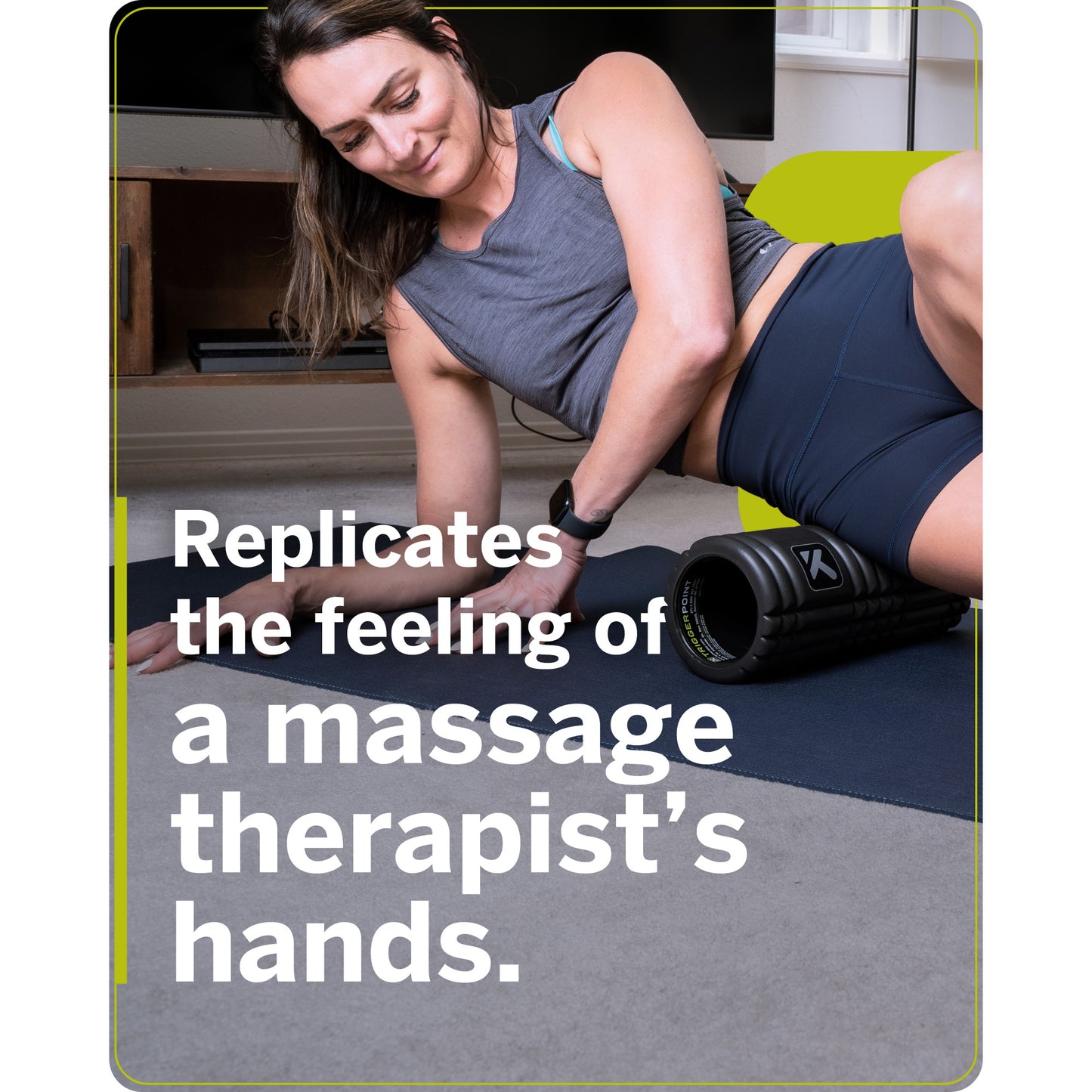 Foam roller supports muscle relief on a woman exercising at home.