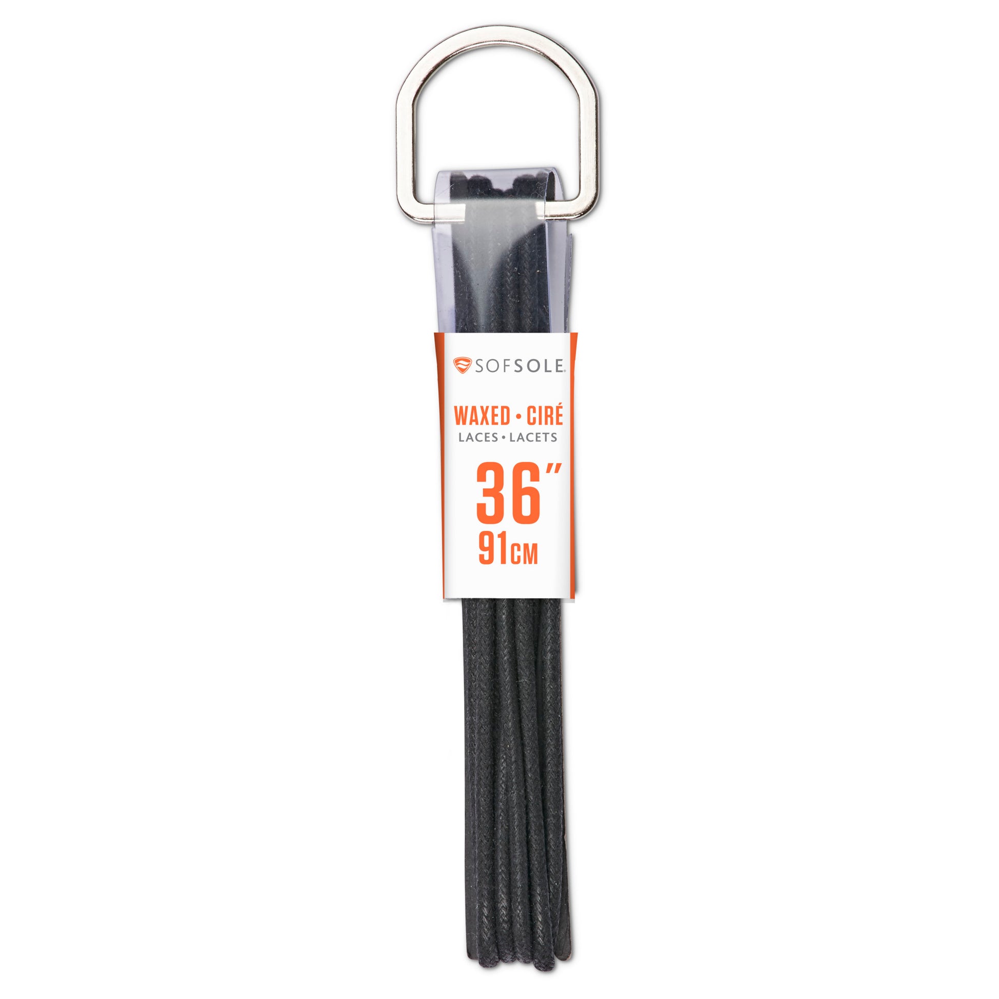 Waxed laces are bundled on a metal clip in a retail display environment.