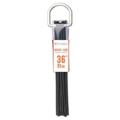 Waxed laces are bundled on a metal clip in a retail display environment.