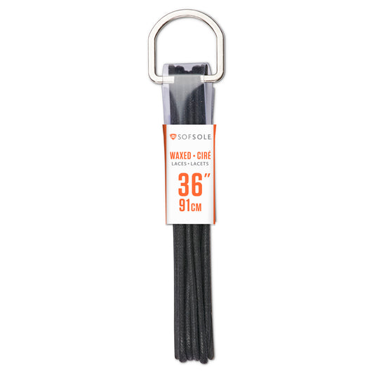 Waxed laces are bundled on a metal clip in a retail display environment.