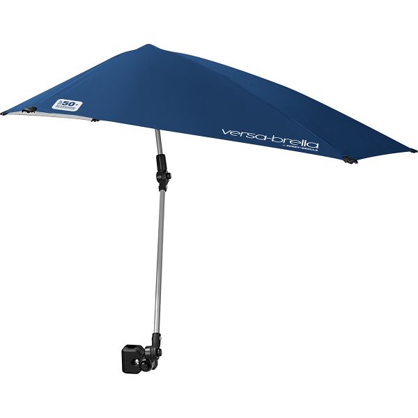 The umbrella attaches to a pole and provides shade in outdoor environments.