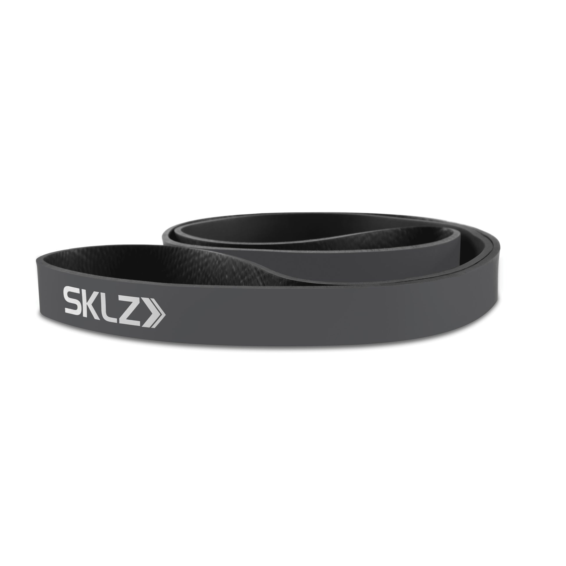 A black resistance band with SKLZ logo resting on a white background