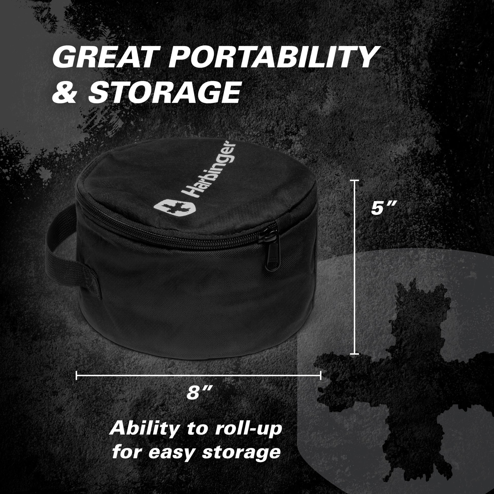 A black portable storage case with handle and zipper, 5 inches tall and 8 inches wide, designed for easy roll-up storage.