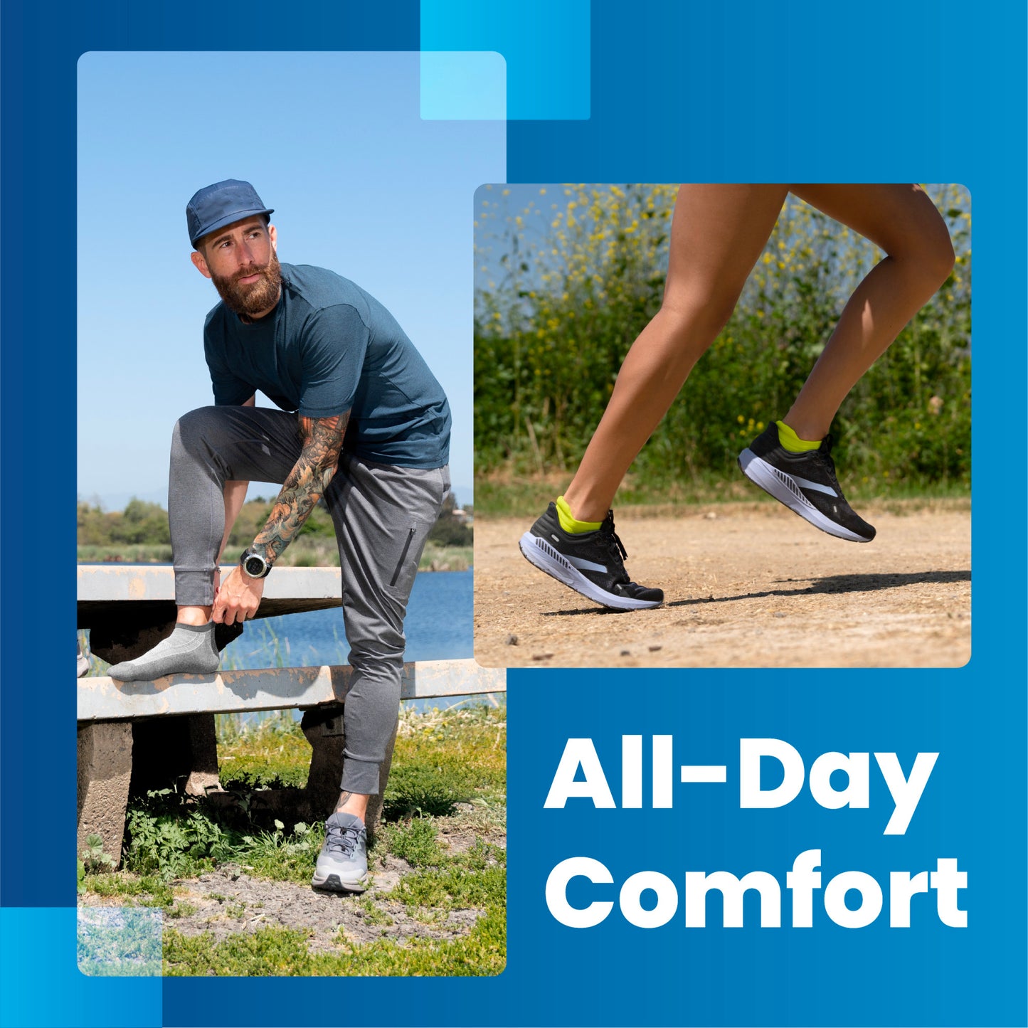 Runner tying shoe, preparing; legs running on trail; text says All-Day Comfort.