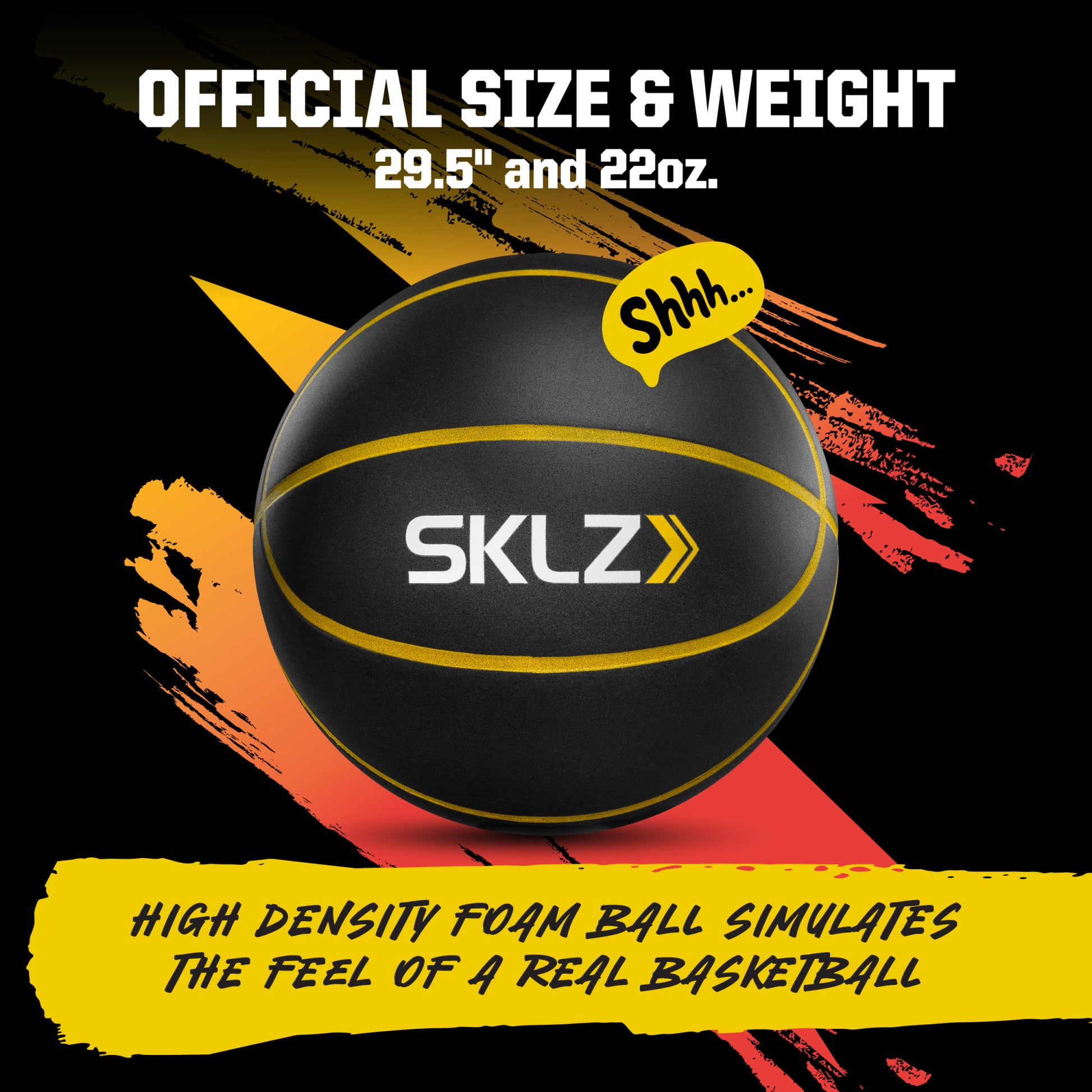 Foam ball rests as text describes size and weight against an abstract background.