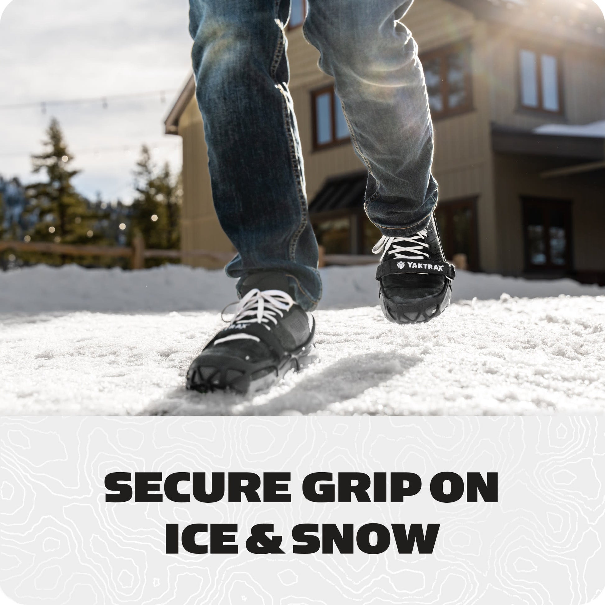 Person wearing Yaktrax barefoot walking on snow outside a house with the text secure grip on ice and snow