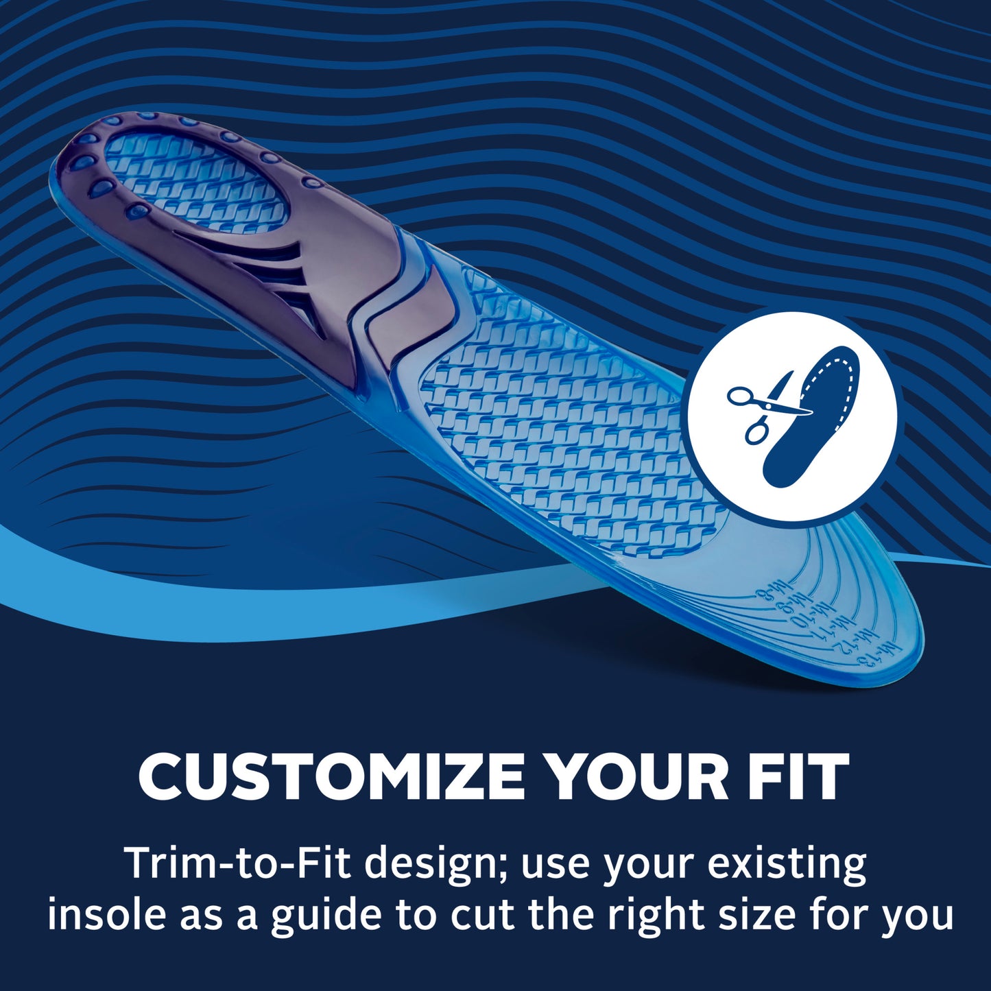 A shoe sole with a scissors icon, indicating customization by trimming the insole for a perfect fit.
