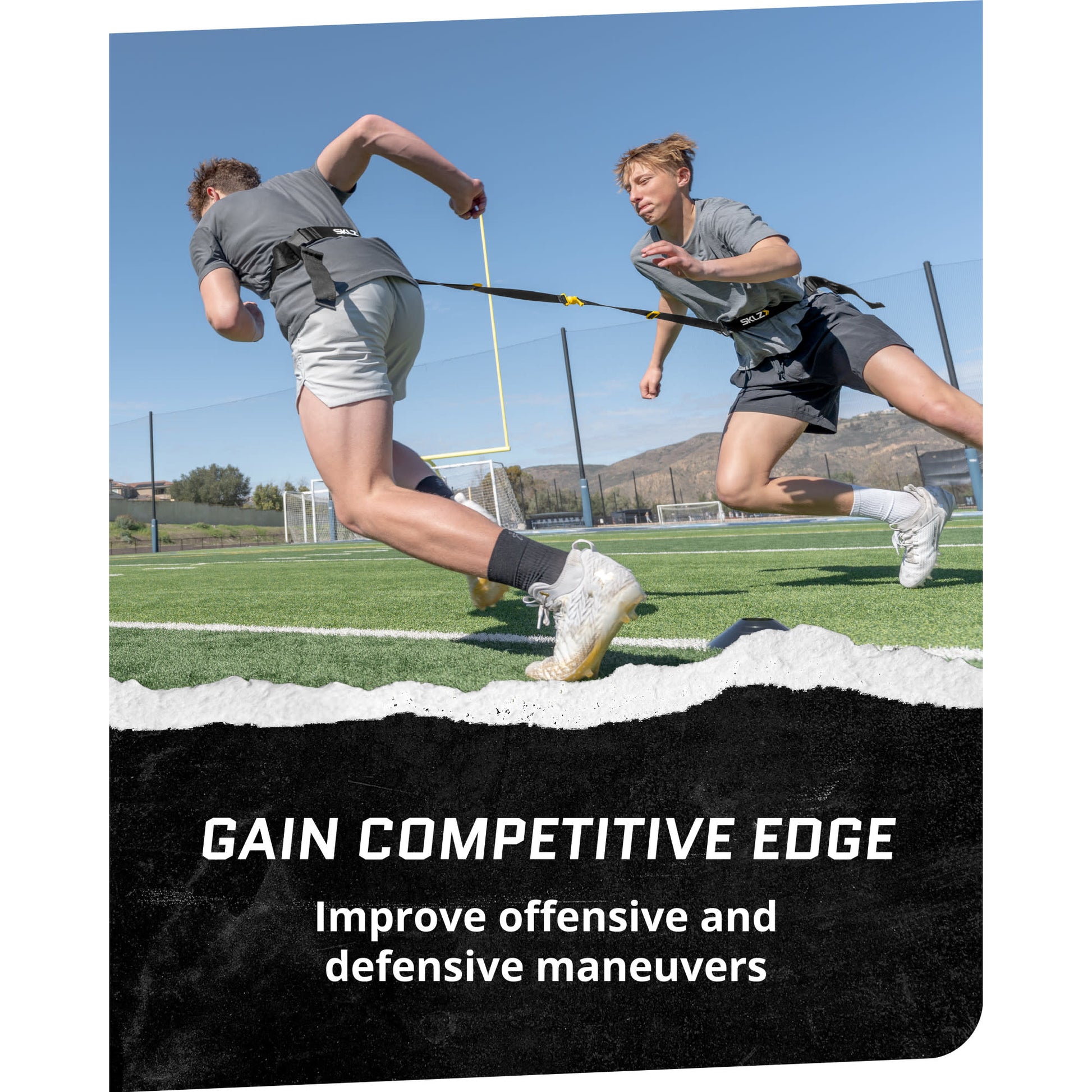 Two athletes sprint on a track during a training session to improve offensive and defensive maneuvers