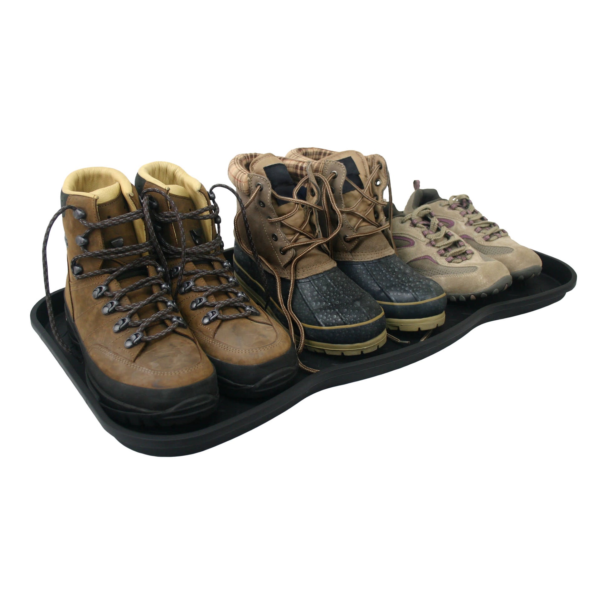 The image shows three pairs of hiking boots on a black tray in a row