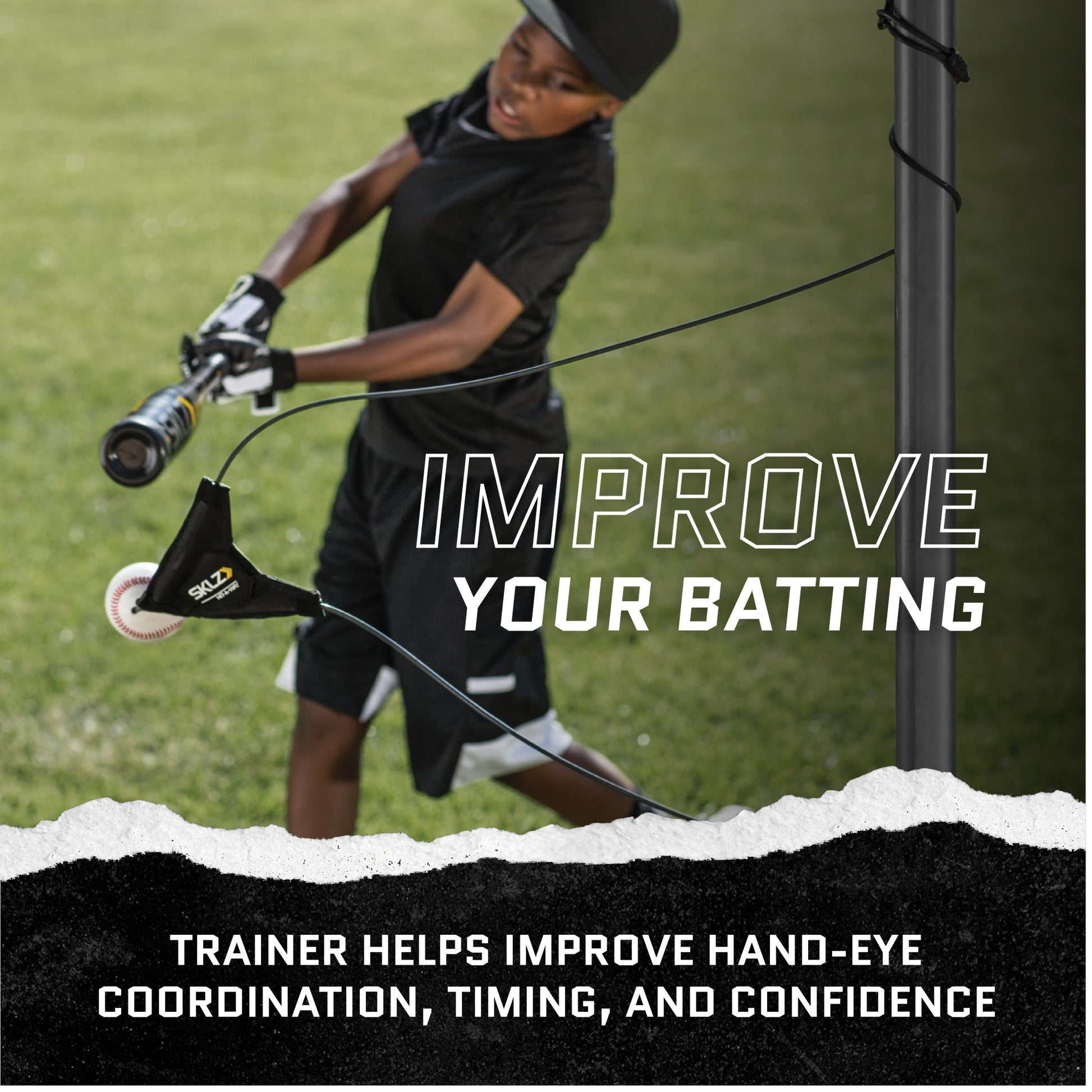 Child swings bat at tee on grass with text encouraging improving batting skills