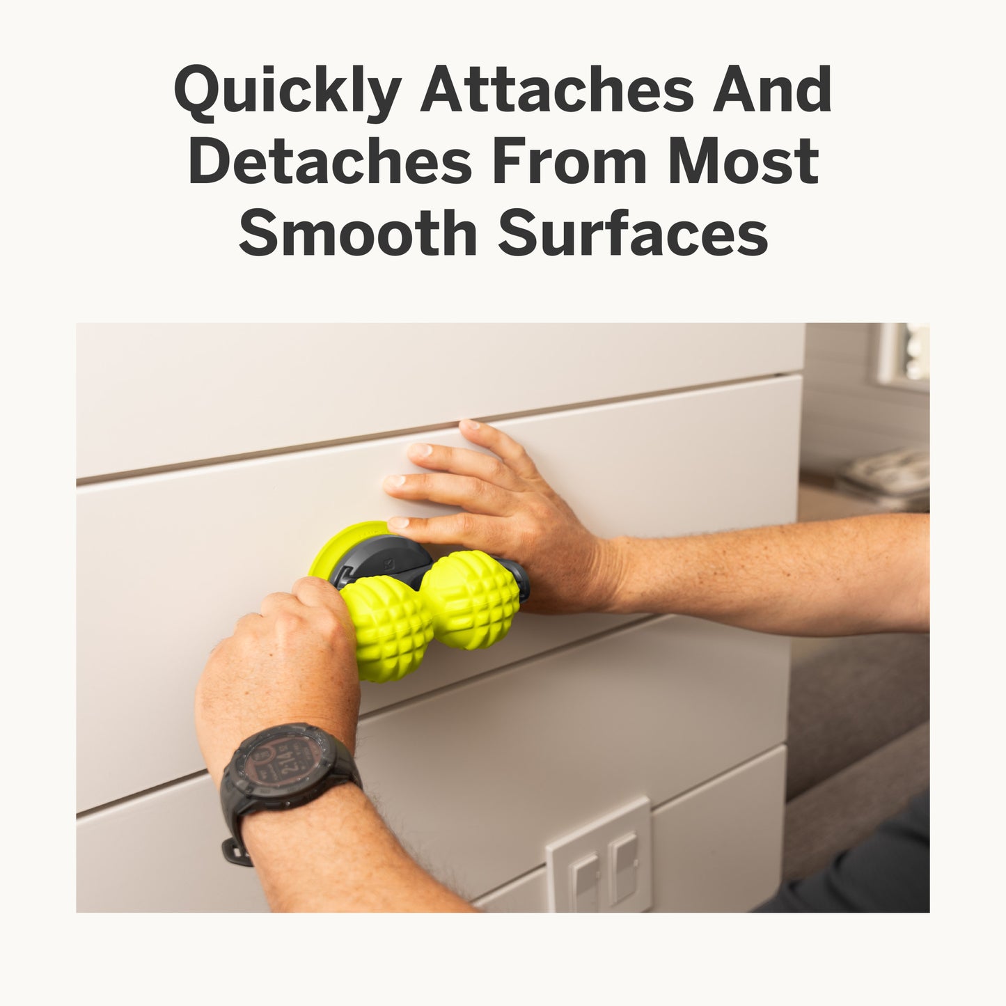 Person uses tool to attach and detach on a smooth surface of furniture in a home setting.
