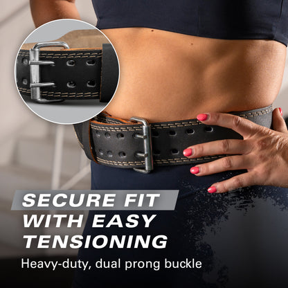 Weightlifting belt secured on waist being adjusted by hand in a gym setting.