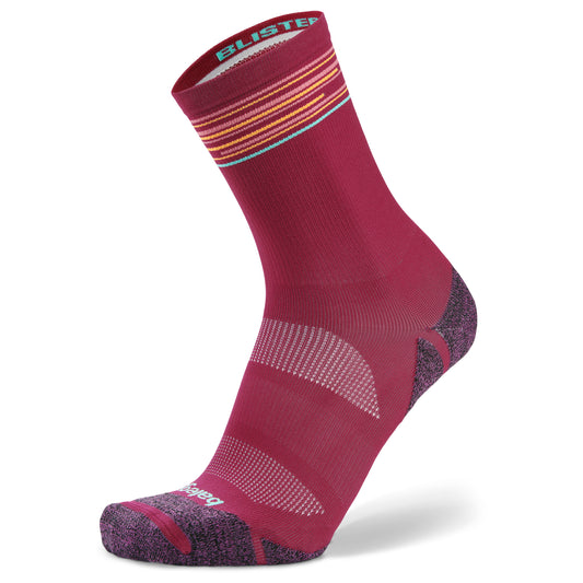 A pink athletic sock with multicolored stripes designed for running on a white background.
