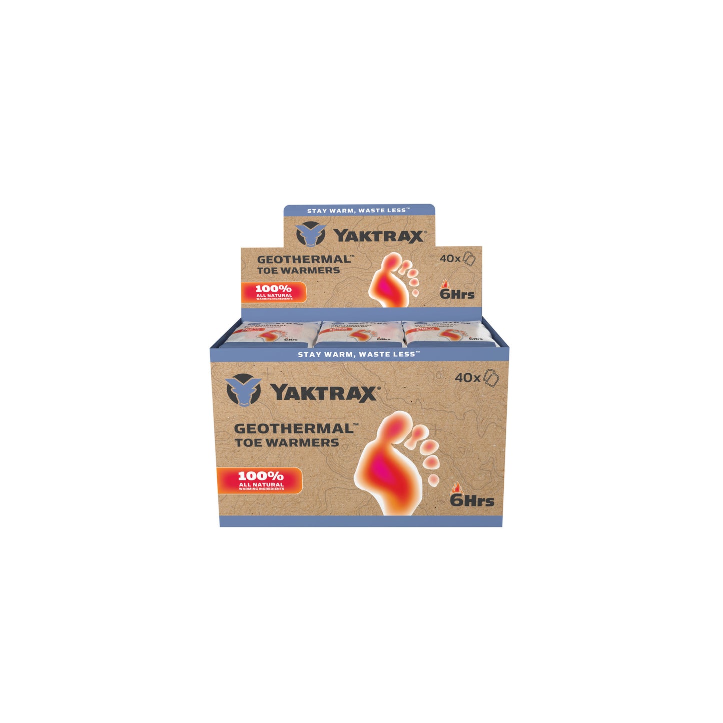 The box holds geothermal toe warmers warming toes for six hours in cold environments.