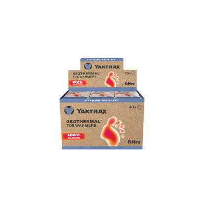 The box holds geothermal toe warmers warming toes for six hours in cold environments.