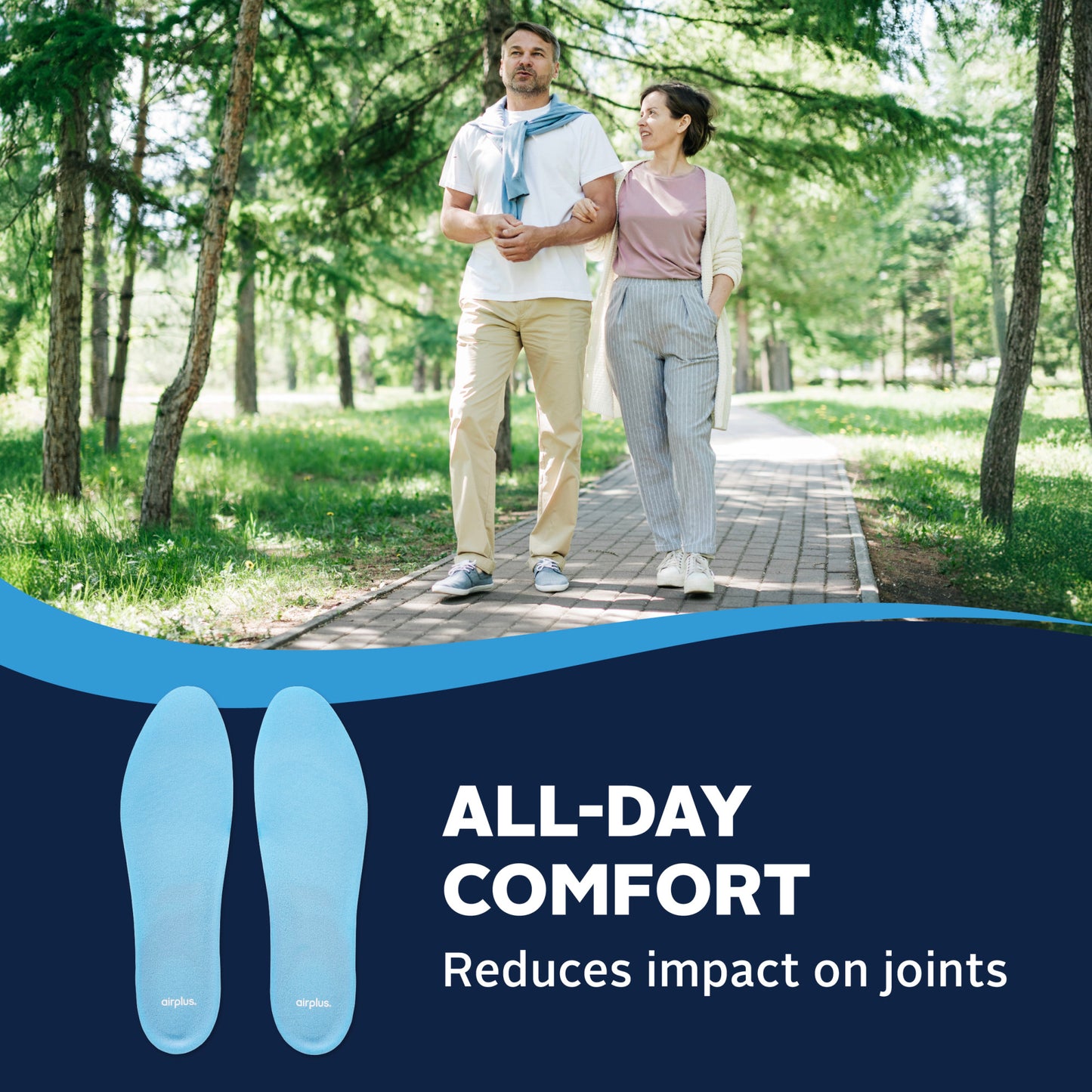 Two people walk arm-in-arm on a park path, promoting comfortable insoles that ease joint impact.