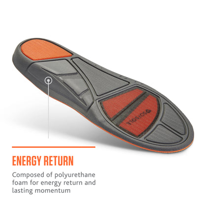 A shoe sole features energy return foam for enhanced propulsion during activity