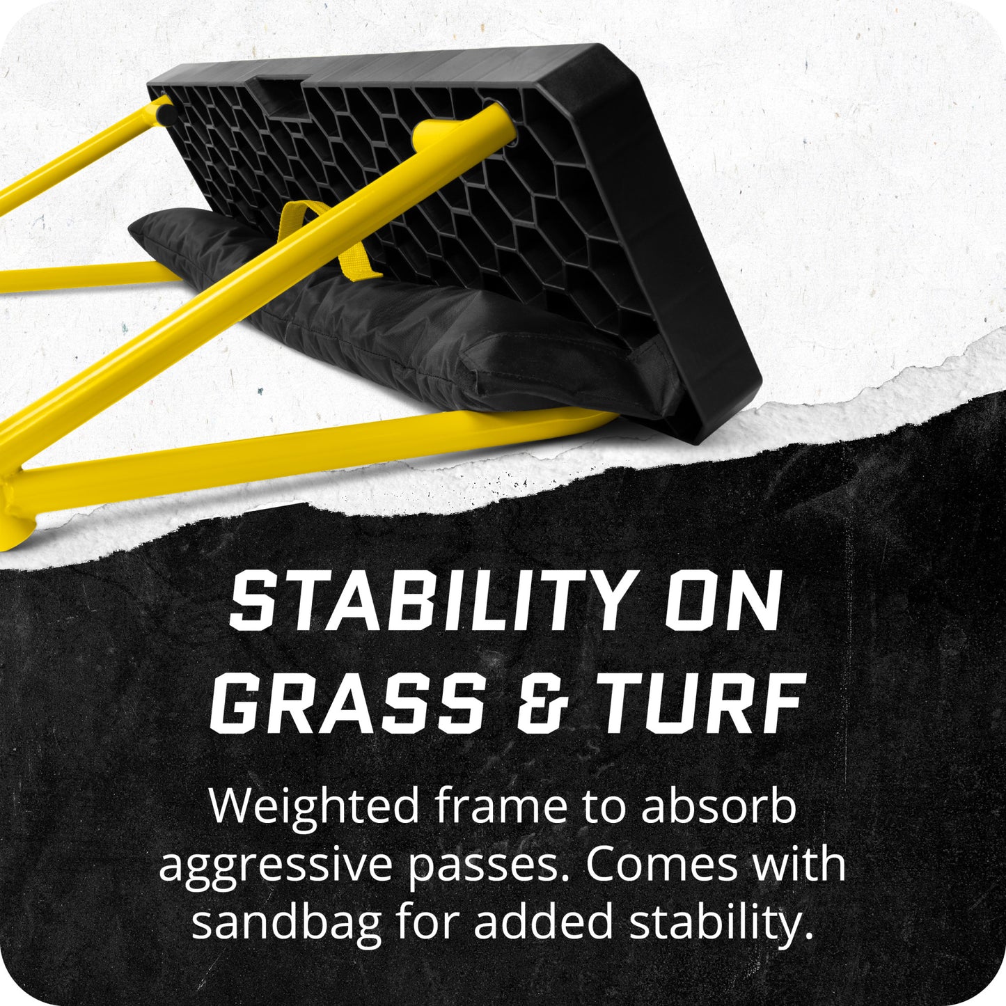 Weighted frame absorbs passes on grass and turf with included sandbag for stability
