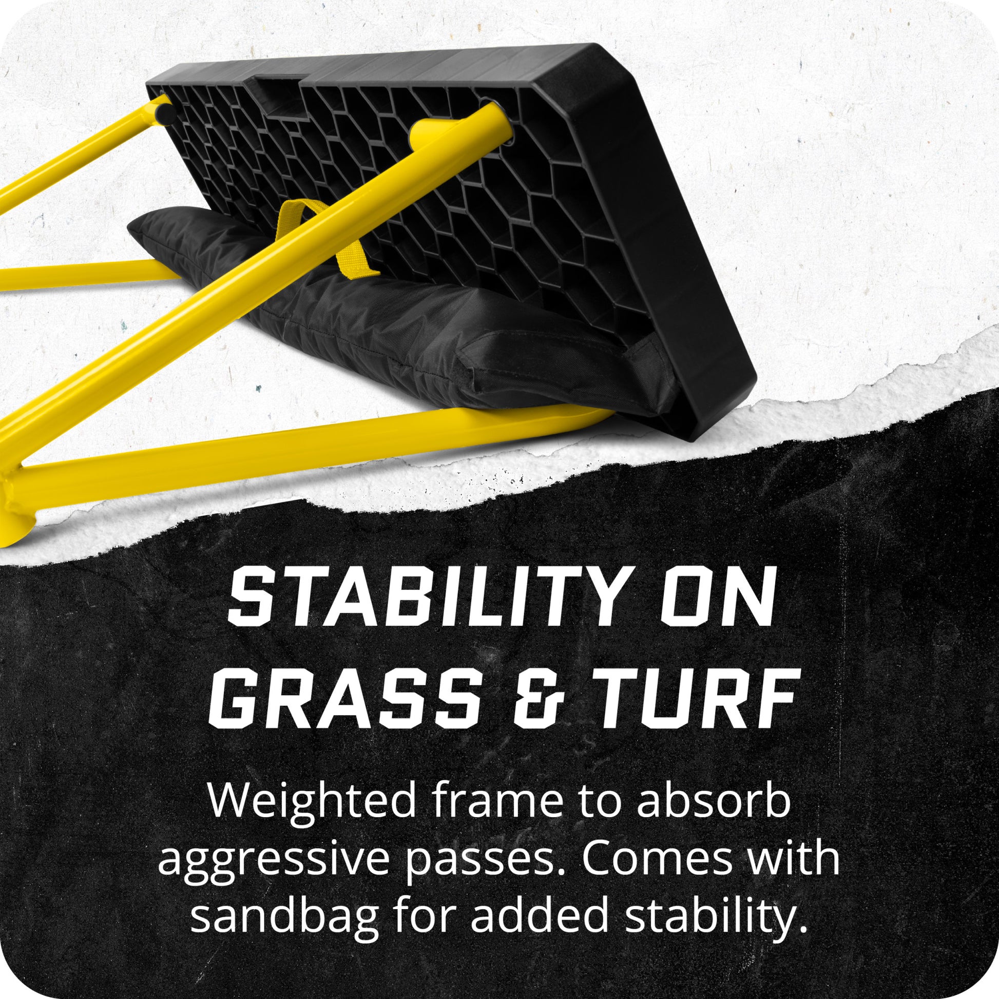 Weighted frame absorbs passes on grass and turf with included sandbag for stability