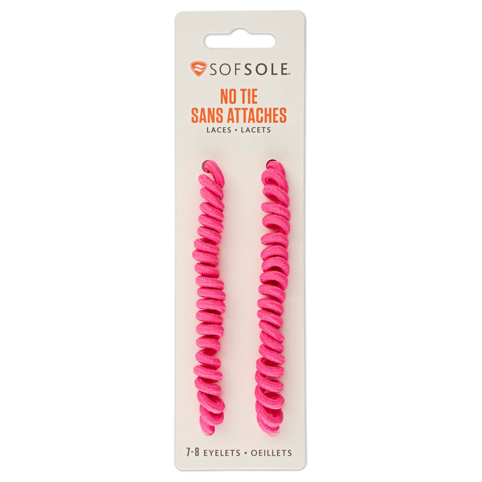 Pink no-tie hair elastics are displayed on packaging on a light background.