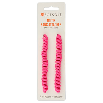 Pink no-tie hair elastics are displayed on packaging on a light background.
