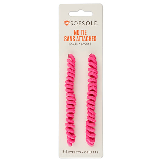 Pink no-tie hair elastics are displayed on packaging on a light background.