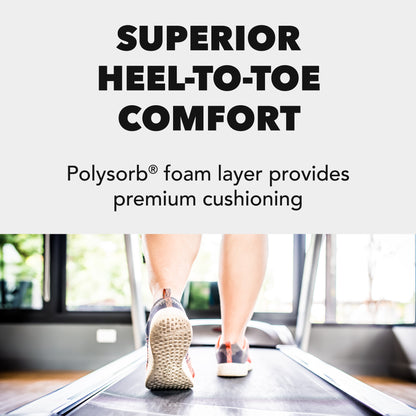 A person walks on a treadmill with cushioned shoes in a gym environment.