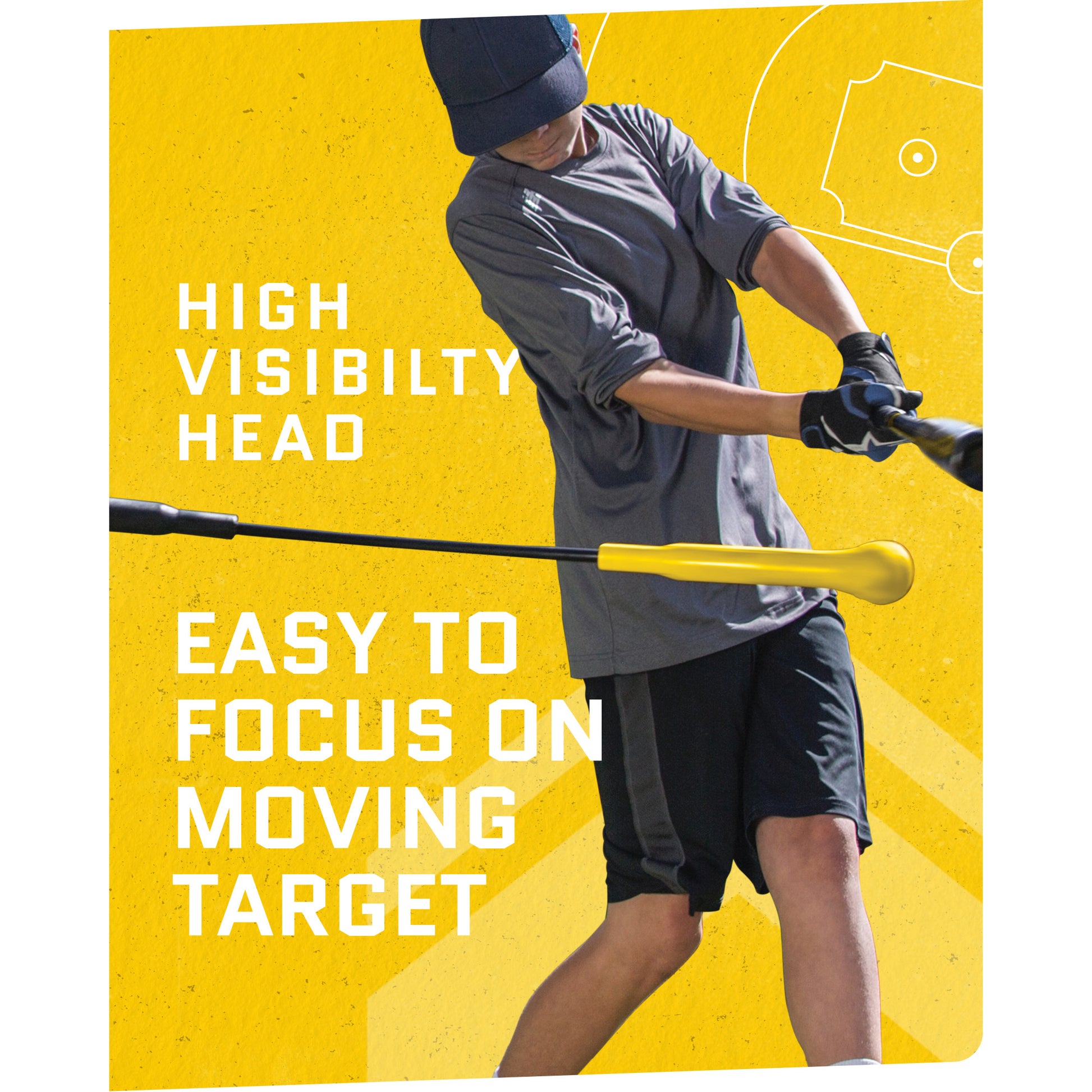 A person swings a golf club aiming at a target in a sports setting with text highlighting visibility and focus