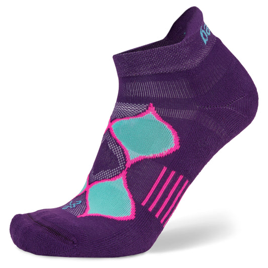 A purple athletic sock with teal and pink accents designed for sports or running.