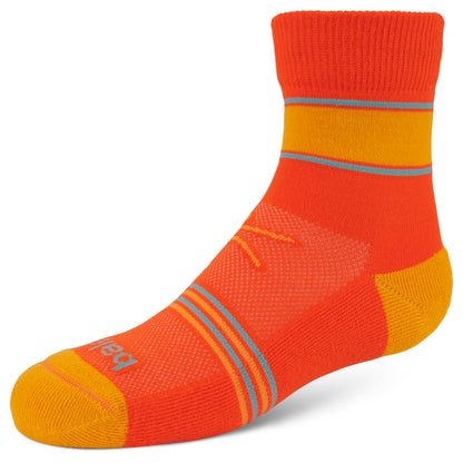 A brightly colored sock displays a pattern of orange yellow blue and red stripes on a white background