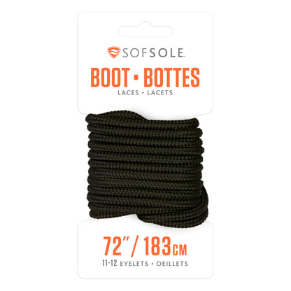 Black boot laces are wound around a card in packaging in a retail setting.