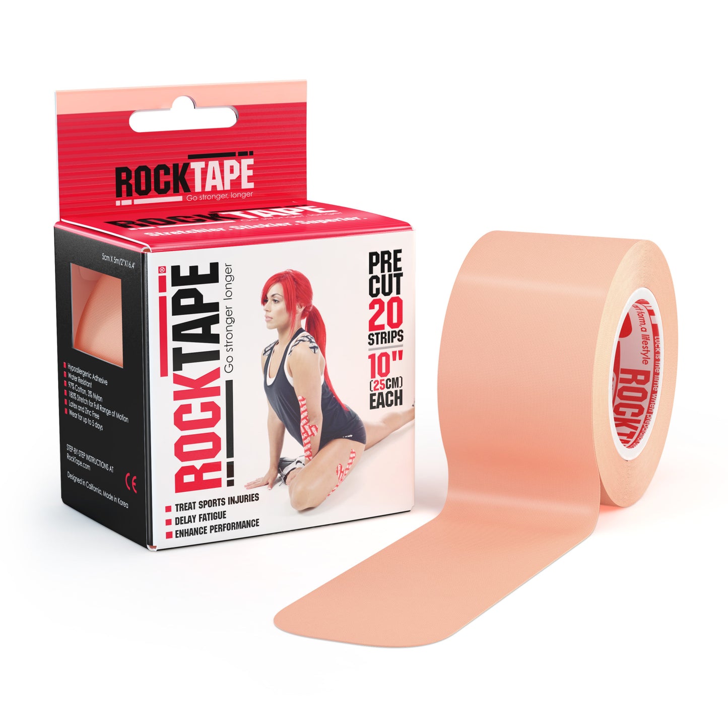 The adhesive tape is displayed next to its box, intended for sports injuries or therapy.