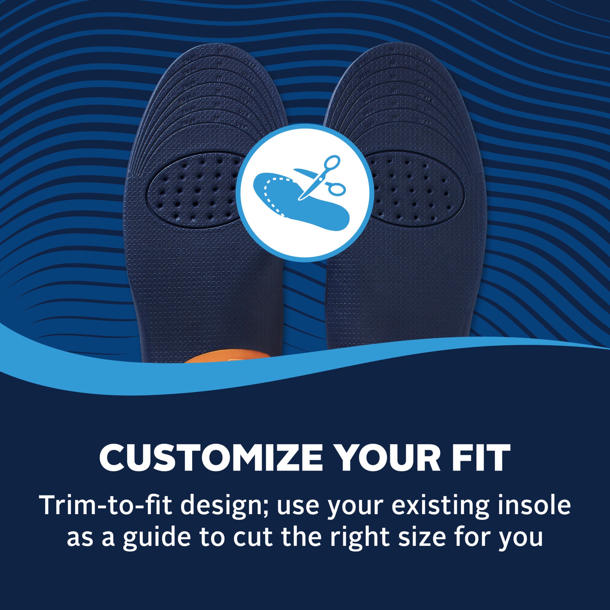 A pair of insoles being customized with scissors using a guide on a blue textured background.