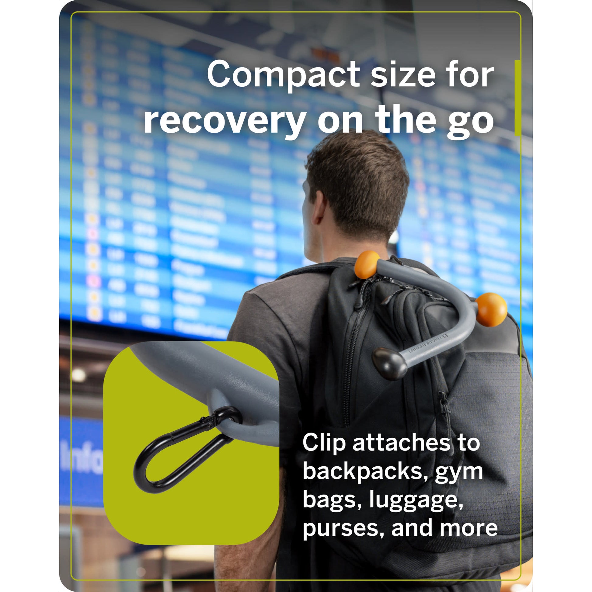 A man with a backpack uses a clip to attach to his baggage at an airport.