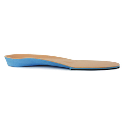 A shoe insole with blue and tan sections lies on a white background.