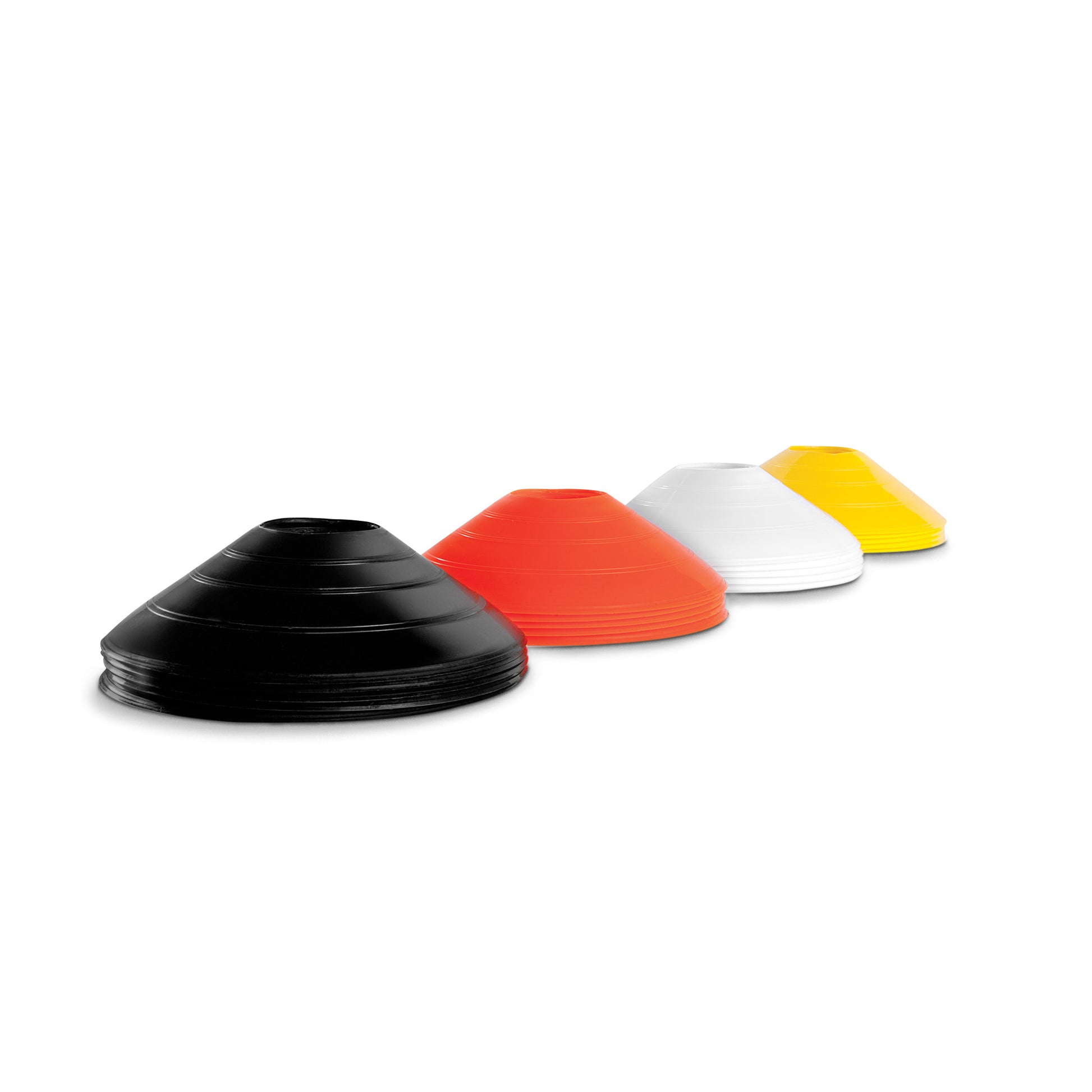 Colored speed cones are arranged in a line on a plain white background