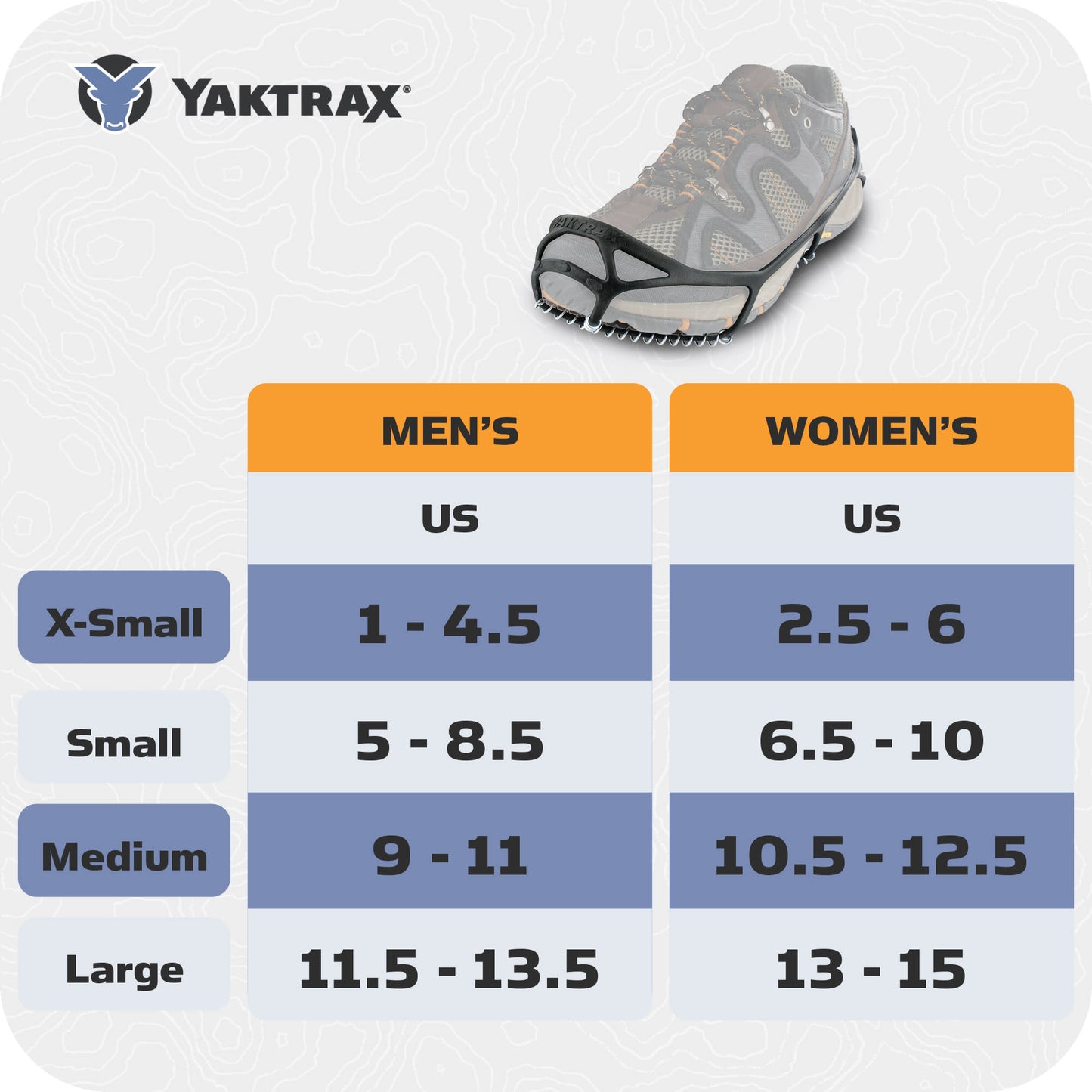 Shoe size chart for mens and womens Yaktrax winter footwear displayed on a white background
