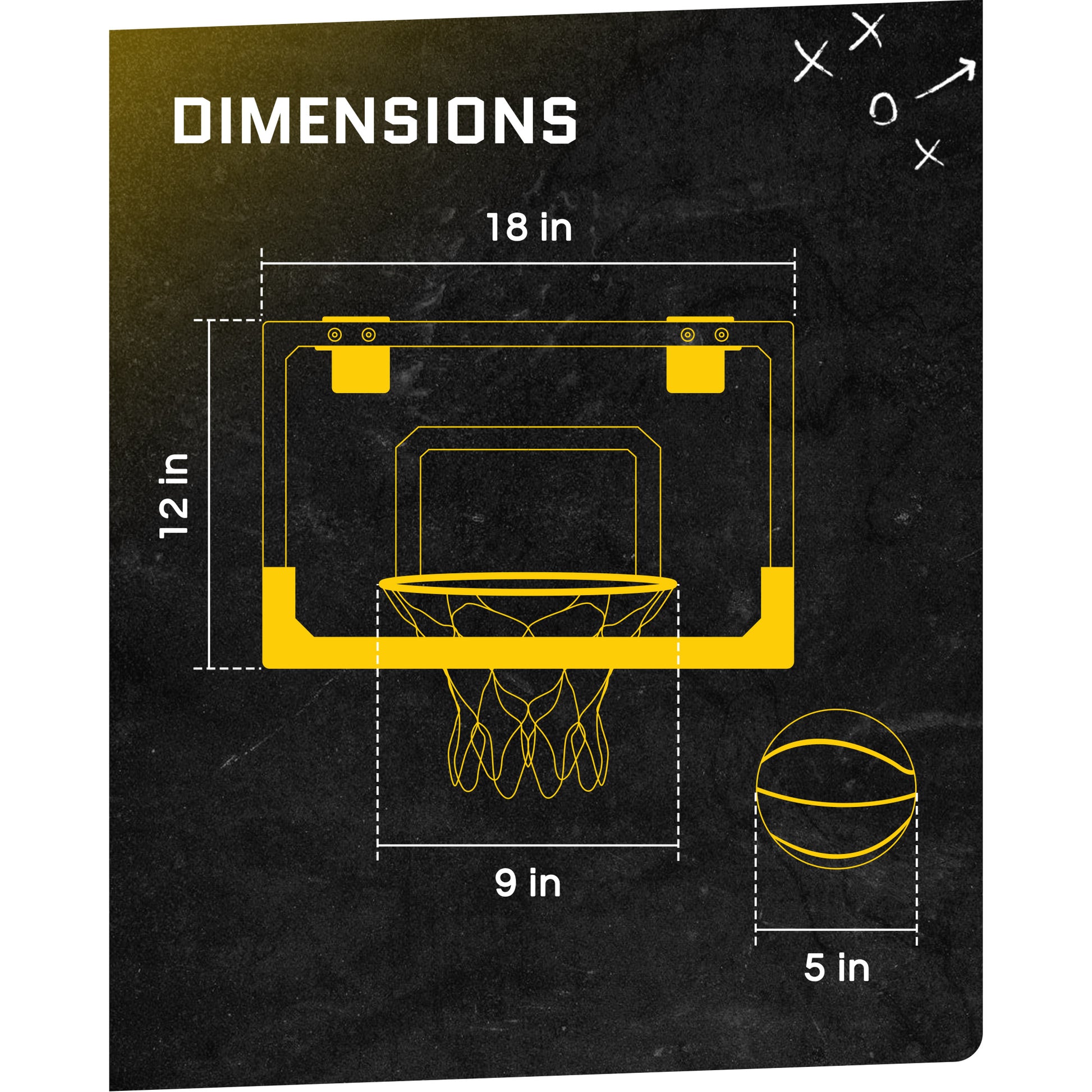 The diagram shows a basketball backboard measuring 18 inches by 12 inches with a 9 inch by 5 inch basketball nearby